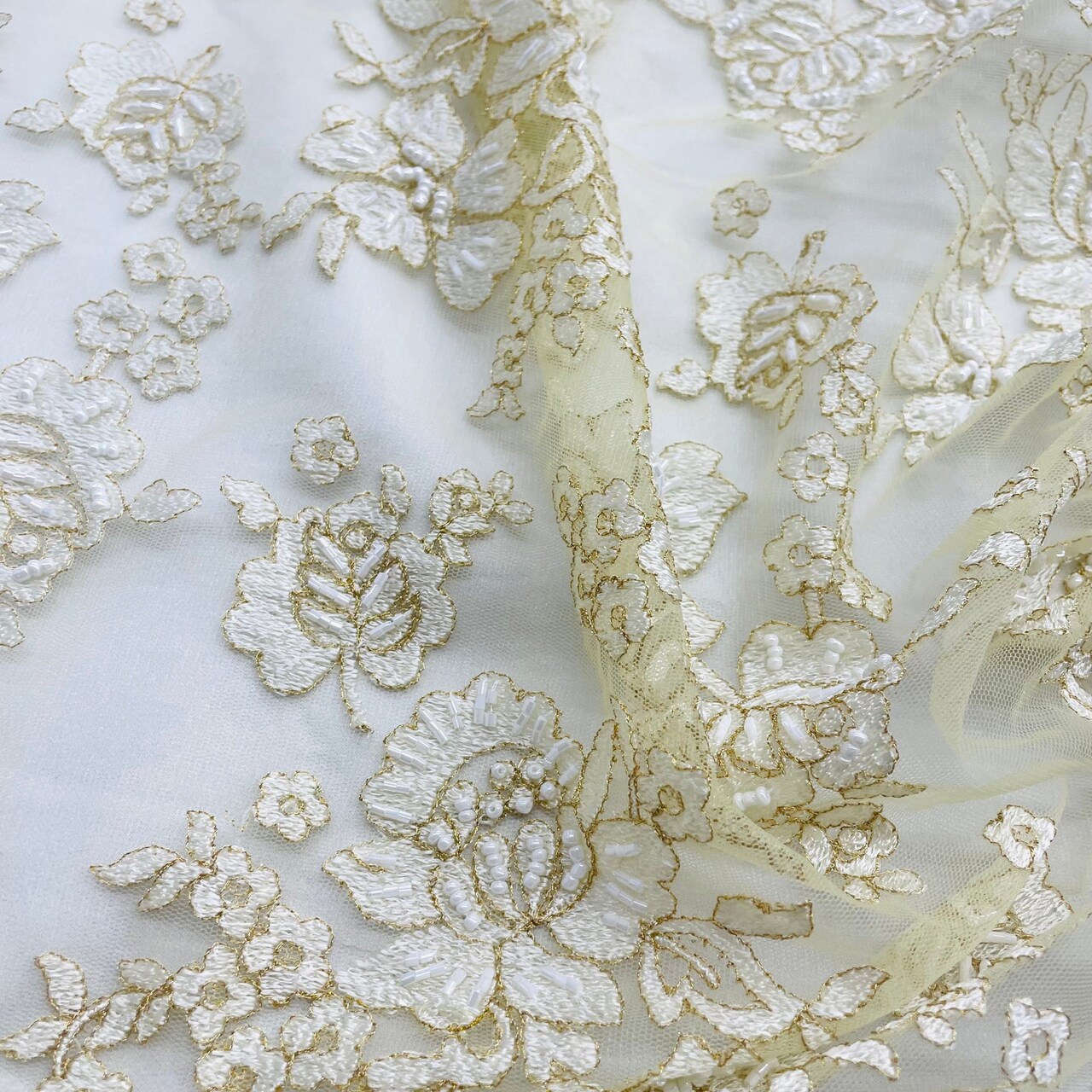 1 Yard Elegant Beaded Lace Fabric Embroidered on 100% Polyester Net Mesh Ivory with Gold 54" Width